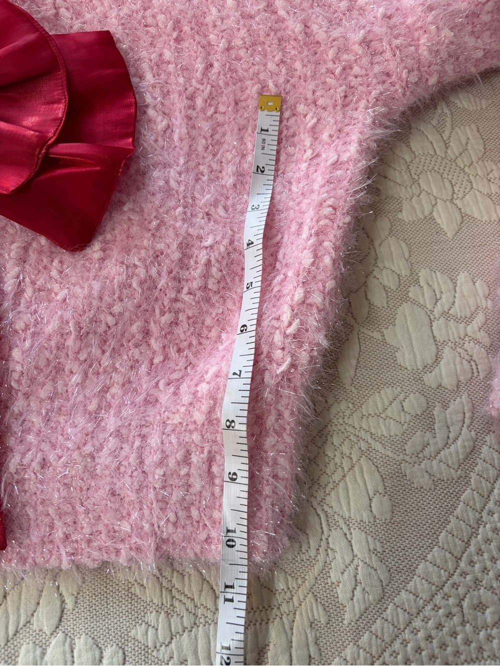NWT Simply Southern SmallCozy Pink Fuzzy Sweater with Red Bow Accent cropped - Picture 3 of 5